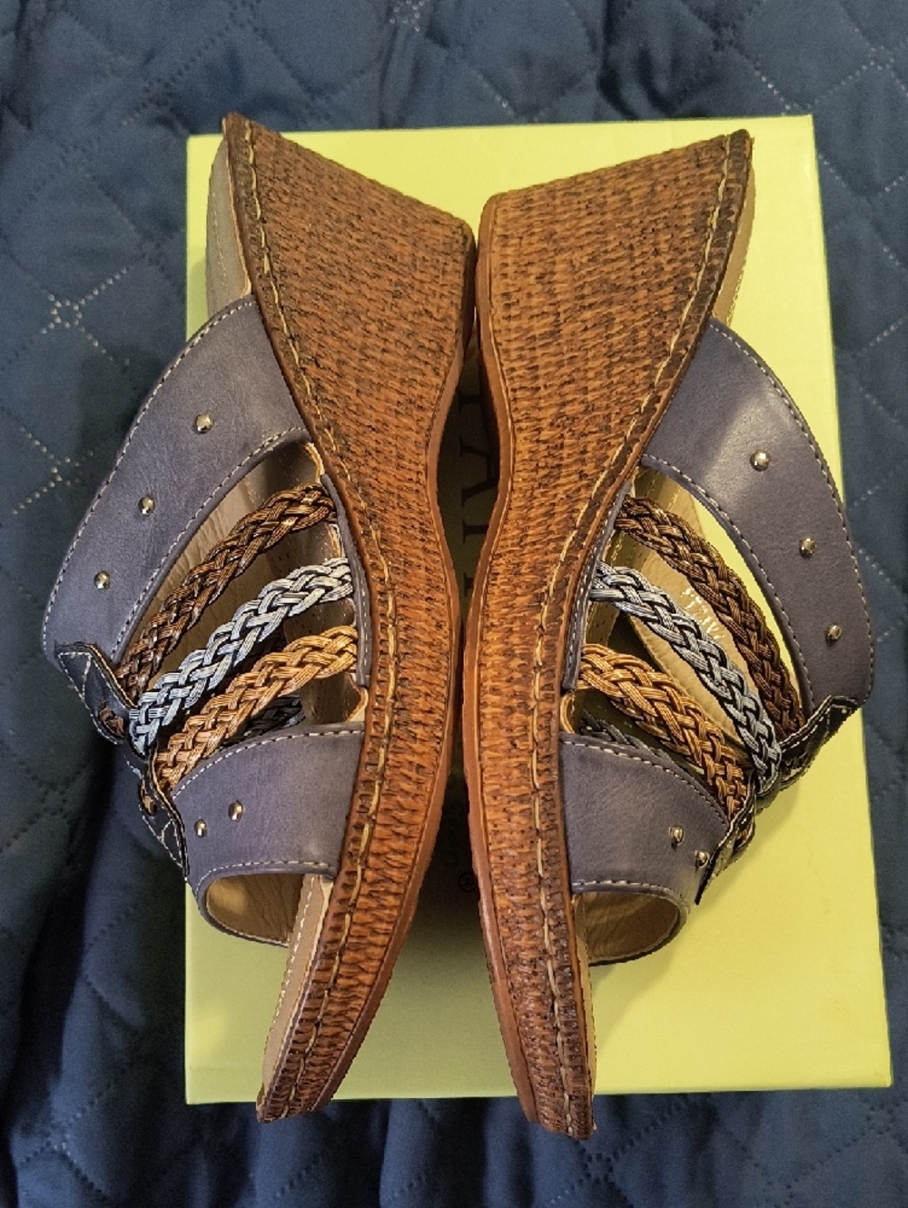 Payrizia Women's Brown and Blue Braided Wedge Sandals - Picture 4 of 8